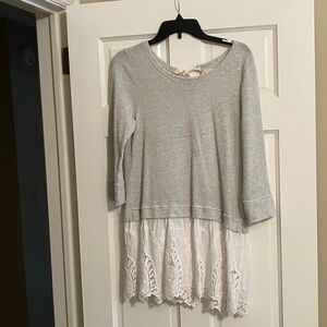 A'Reve Gray Top with White Lace Hem